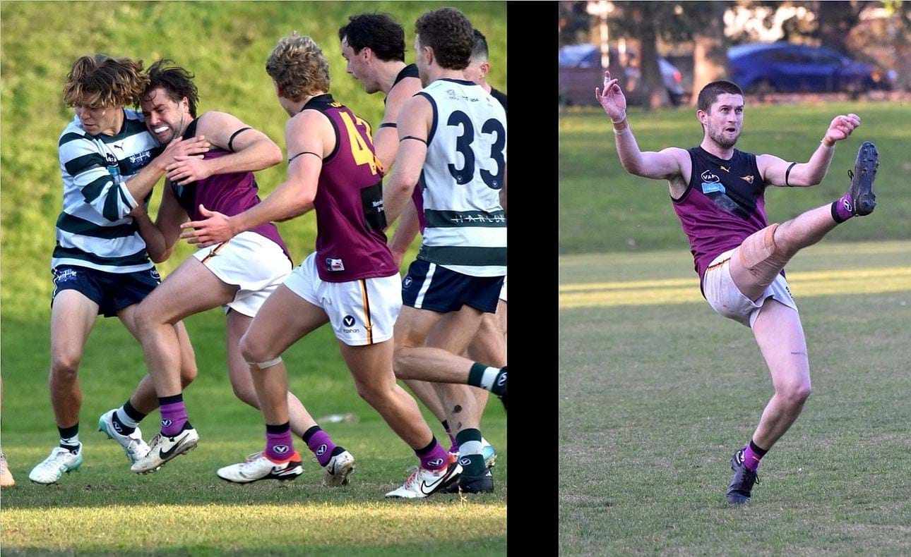 Jack Munro under pressure backed up by Hugo Nosiara; one of Durras Seccull's 6 goals finally puts the Bloods in front in the final quarter after a sluggish start to the game
