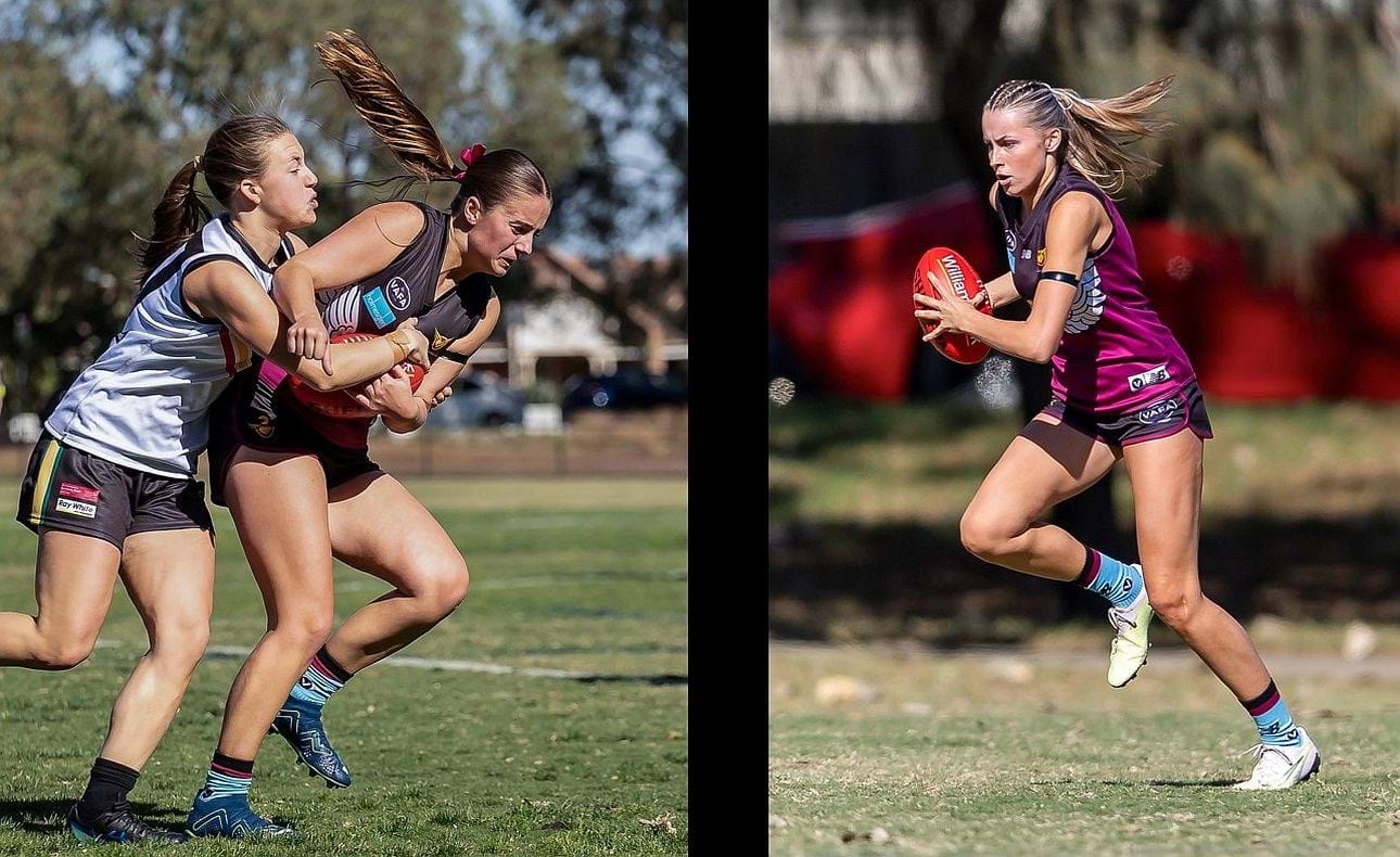 It's all ponytails as Poppy Murdoch is wrapped up in a tackle but there's no catching Charli Ratcliffe