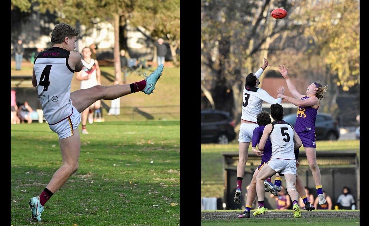 Hugo Nosiara (4) drives forward with that penetrating left foot and Jack Bell (3) wins another tap watched by Brede Seccull (5)
