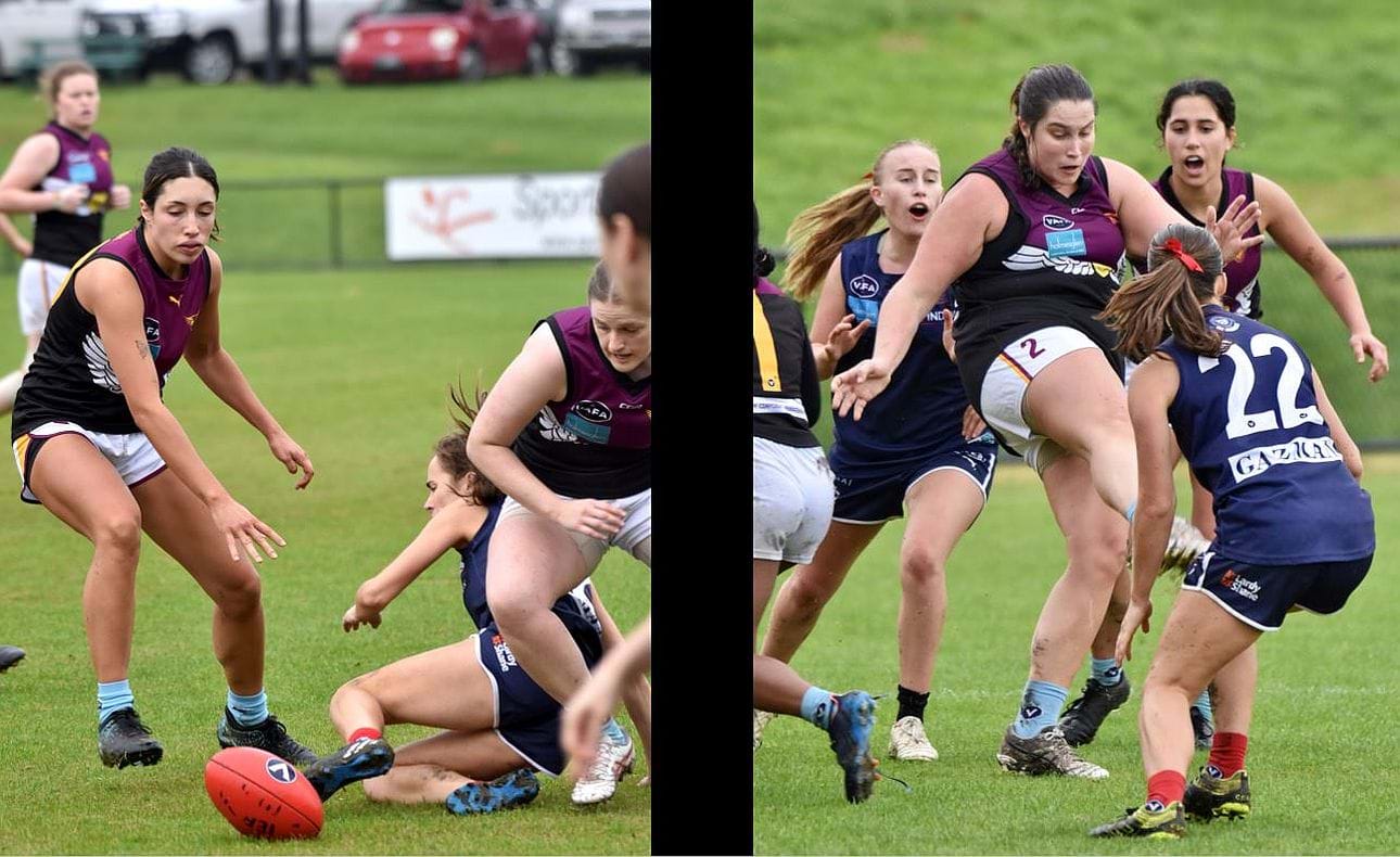Daniella Tegoni and Maddie Leyden ready to pounce on the loose ball; Chelsea Frawley bulldozes her way through a pack