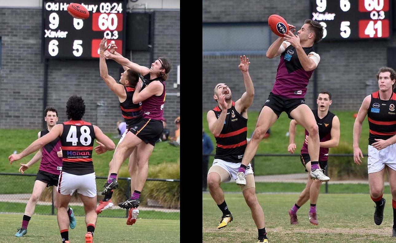 Defenders Will Paul and Brodie Steele repel Xavs forward moves
