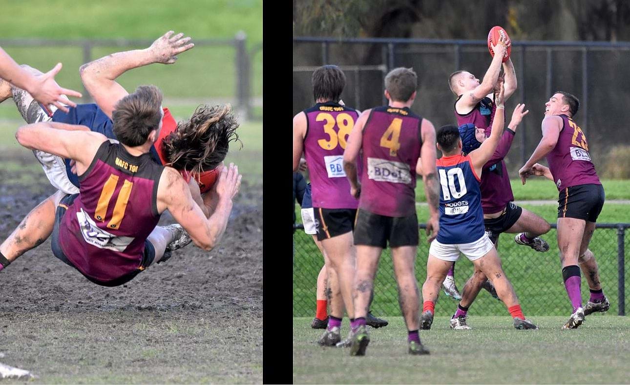 Will Gown (11) and his Old Brighton opponent take a tumble while Dre Stefanakis rises above the pack to mark