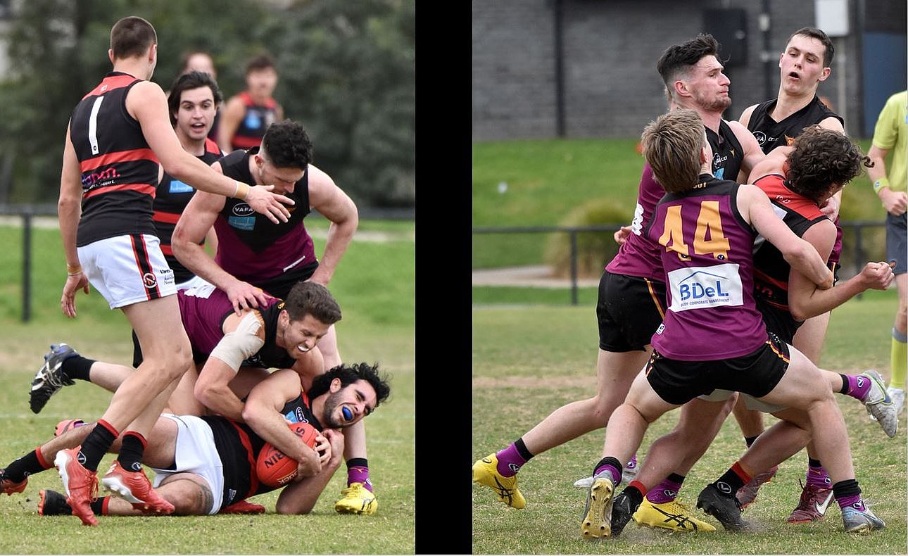James Paul, Brede Seccull and Mitchell Kirkwood-Scott (44) get their man, with Max Sinclair watching on