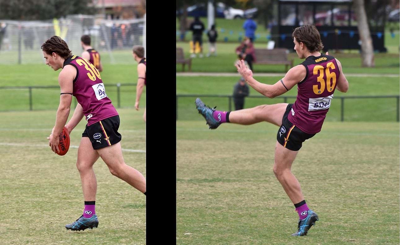 Harrison Jones takes aim and kicks one of his four goals