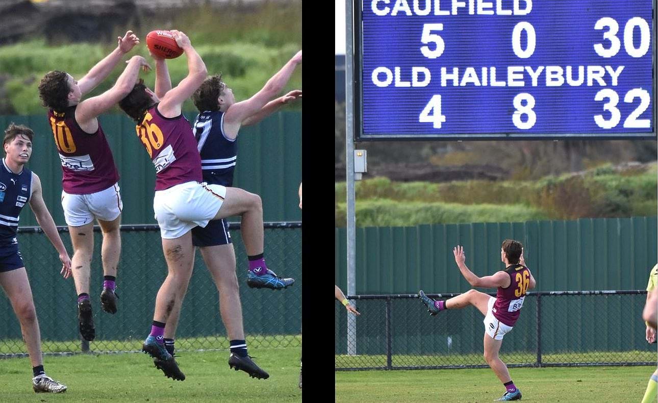 Harrison Jones marks and kicks, and the scoreboard shows the Bloods are off target - they finished with 5 goals 18 behinds