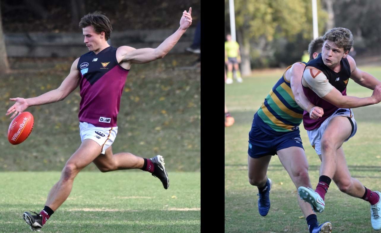 Lachie Riley on the run and Hugo Nosiara with a kick around the body