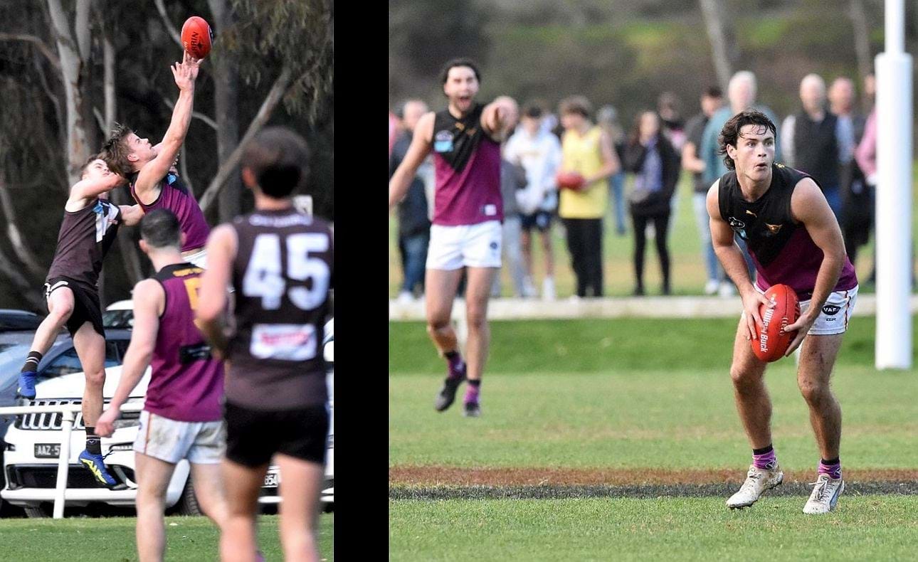 Mattias Rose rises to mark in the pack; Charlie Sinclair considers his options with Jack Bell bellowing from behind