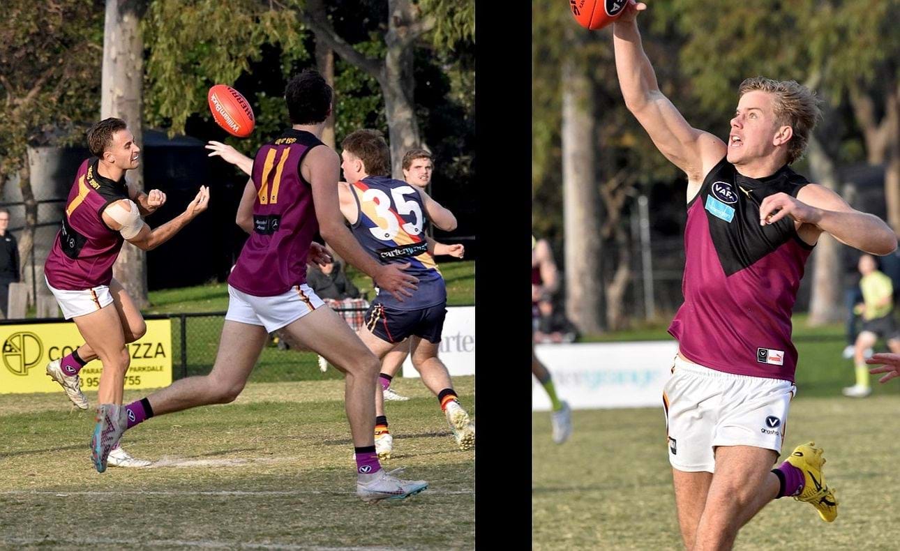 Brodie Steele (7) handballs towards Lachie Vaughan (11); Mattias Rose gathers