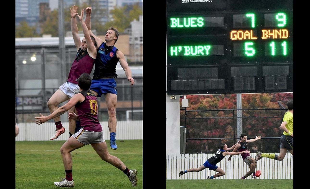 Dre Stefanakis contributed five goals for the game and here attempts to mark watched by Liam Wood (17); the scoreboard glows above Charlie Sinclair and the Bloods still have work to do