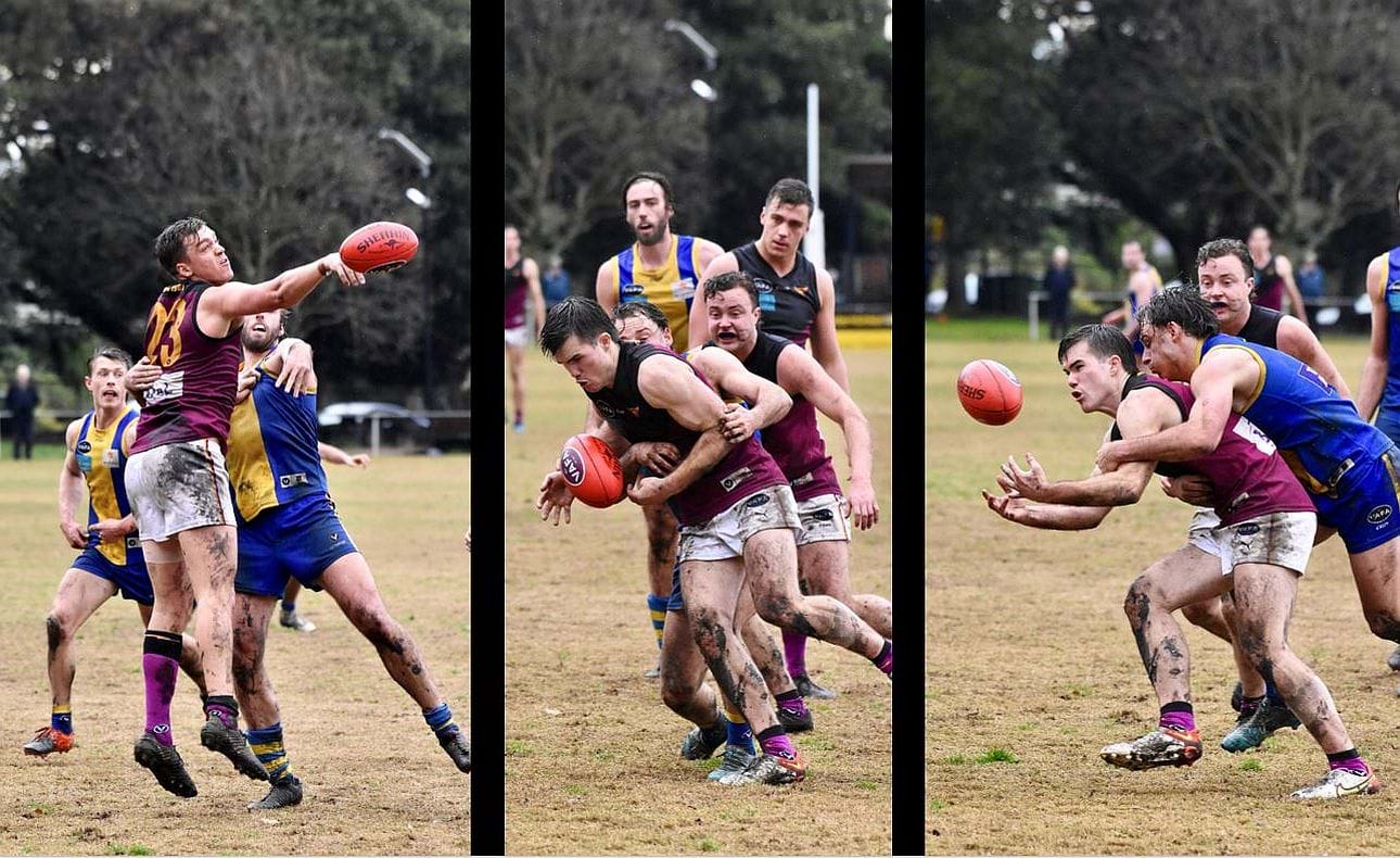 The Bloods were under pressure all day, as Josh Gasparini experiences after sharking a Lachie Treverton hitout