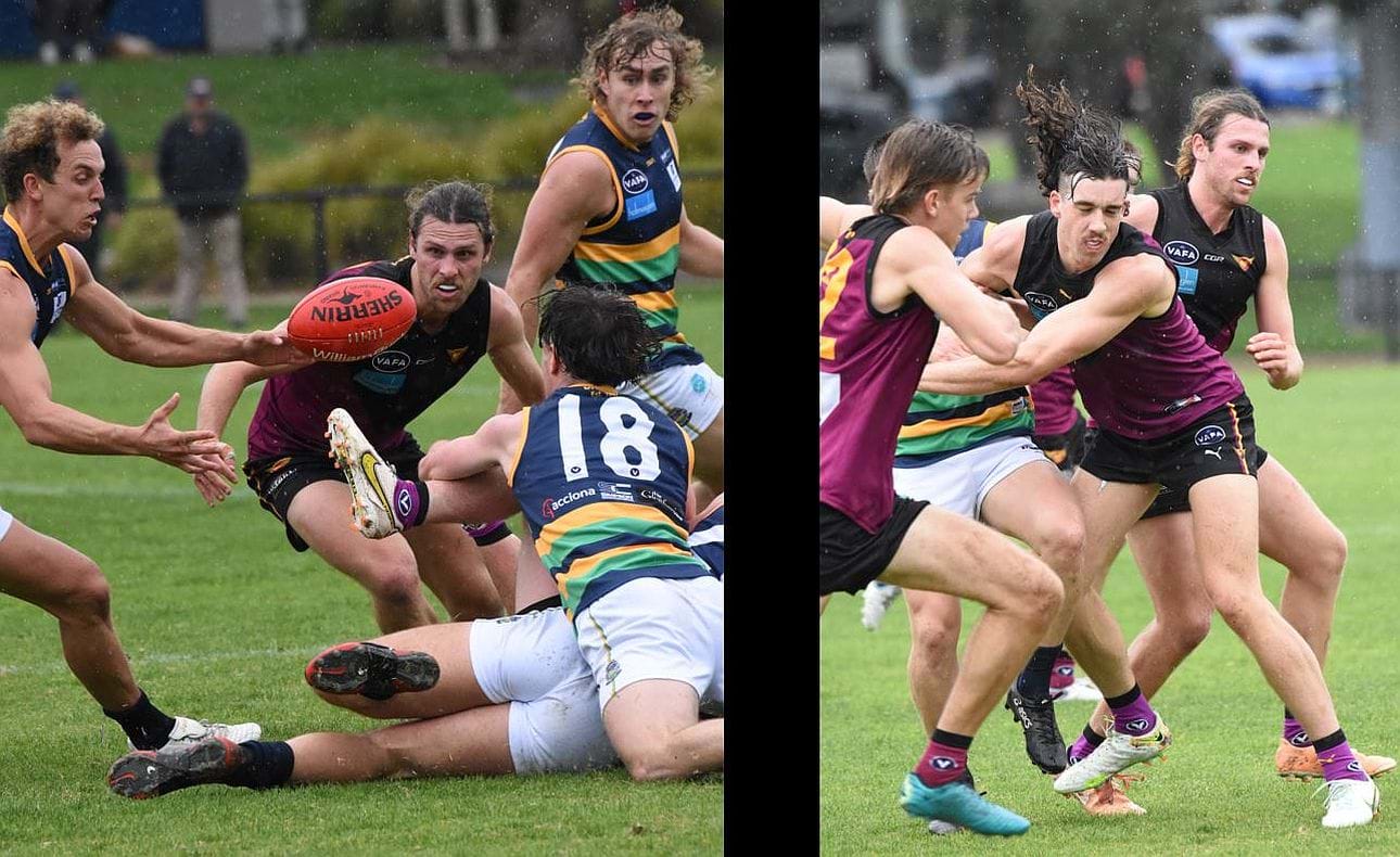 Will Paul kept a close watch all day on his opponent, former Western Bulldog Mitch Wallis (far left), while Nathan Dowsett let his hair up