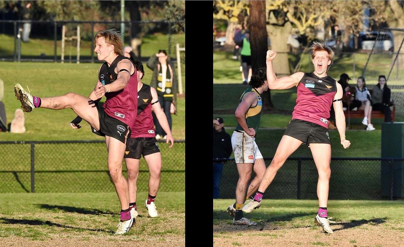 The Chopper Harrop show was in full swing in the final quarter; here he kicks and celebrates ones of his four goals in the term