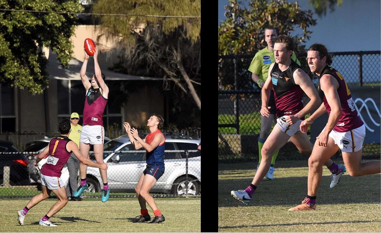 Durras Seccull takes a clean mark up forward in front of Sam Loewe (1); defenders Rayner Seccull and Will Paul had their hands full but battled hard all day