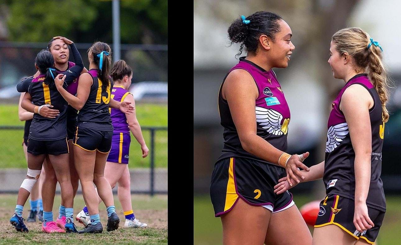 Serene Vudiiniabola celebrating goals with Pulli Gardiyawasam (1), Eloise McCrae (13) and Eliza Main