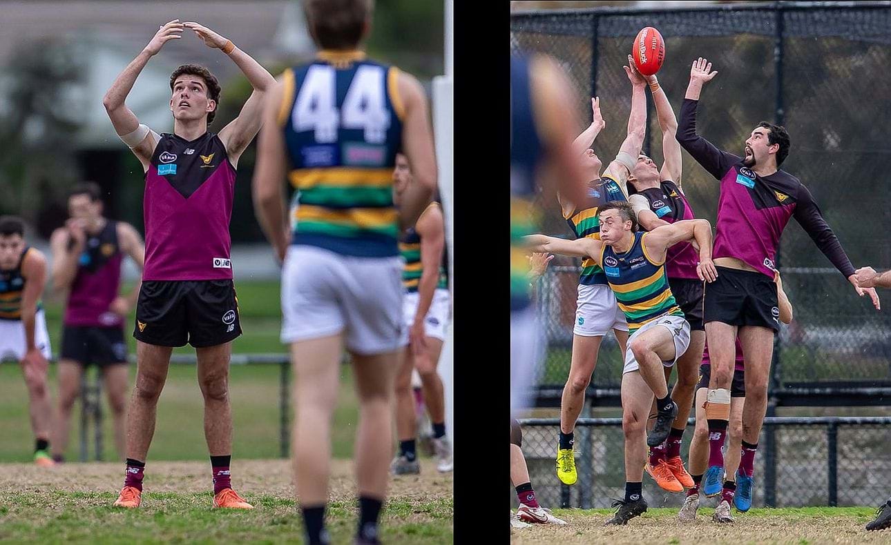 Jasper Waring on the mark looks to the heavens, then helps Jack Bell in an aerial contest