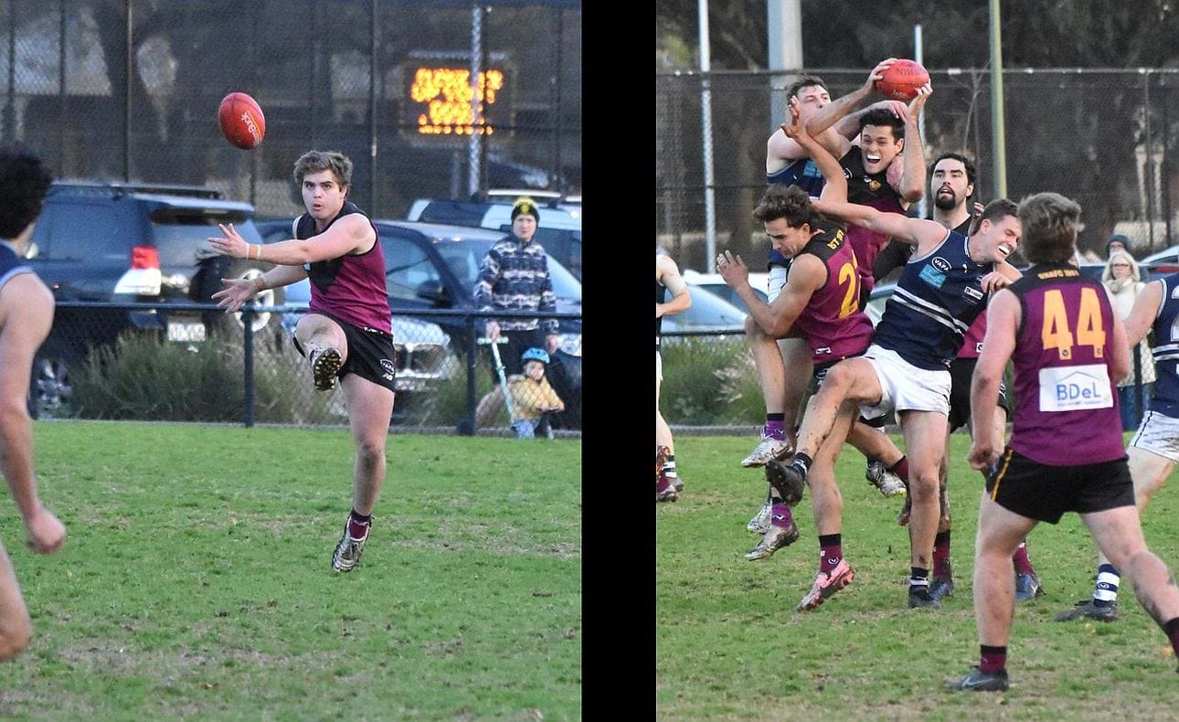 Late in the game, Liam Wood clears from defence and Kye Turner turns back the Caulfield tide with a great contested mark in the pack