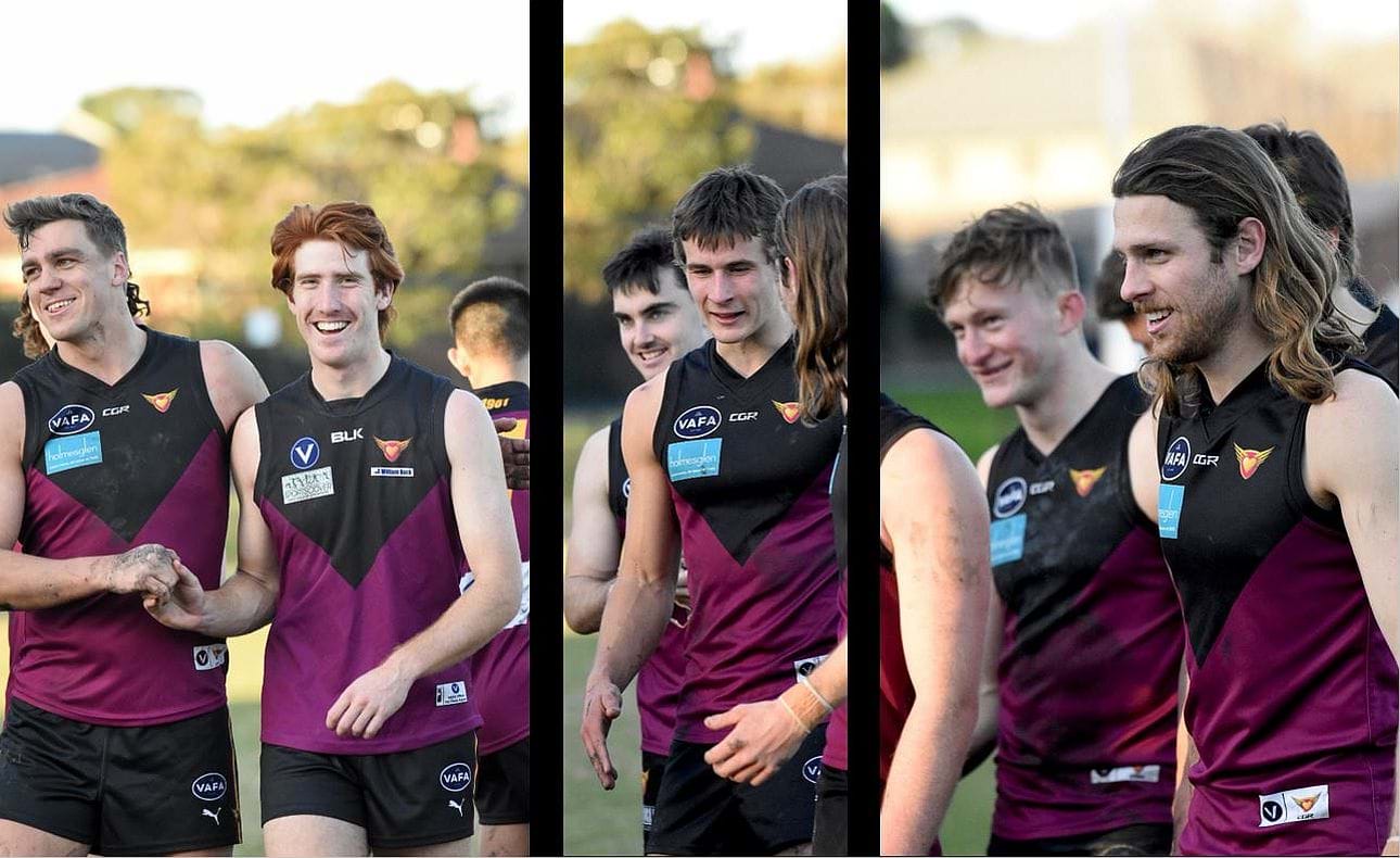 Winners are grinners - Lachie Treverton, Justin Davies, Lachie Riley, Rayner Seccull and Will Paul savour a 131 point win