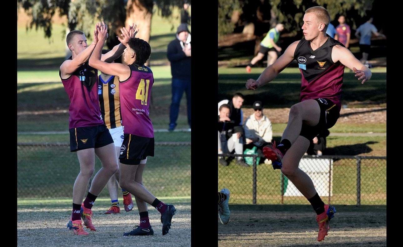Lachlan Giliam and Cody Goonawardene (41) celebrate a goal while Giliam lines up one of his own