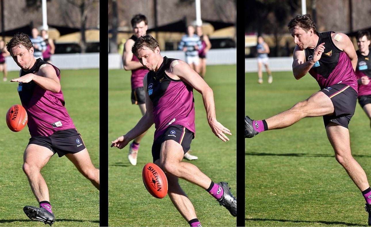 The old master at work on that left foot - Peter Gleadhill in his 200th game (played on his birthday and his parents 40th wedding anniversary!)