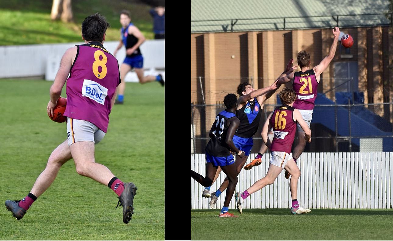 Nick Gooda (8) flies down the wing and Sam Gilbert (21) flies in the air ahead of Rayner Seccull (16)