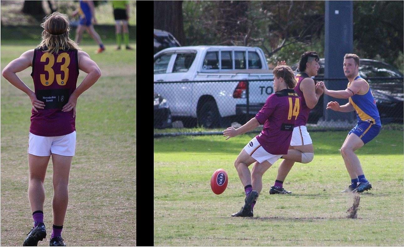 Jack Grenda (33) in defence, Jack Hardeman (14) in attack kicking for goal