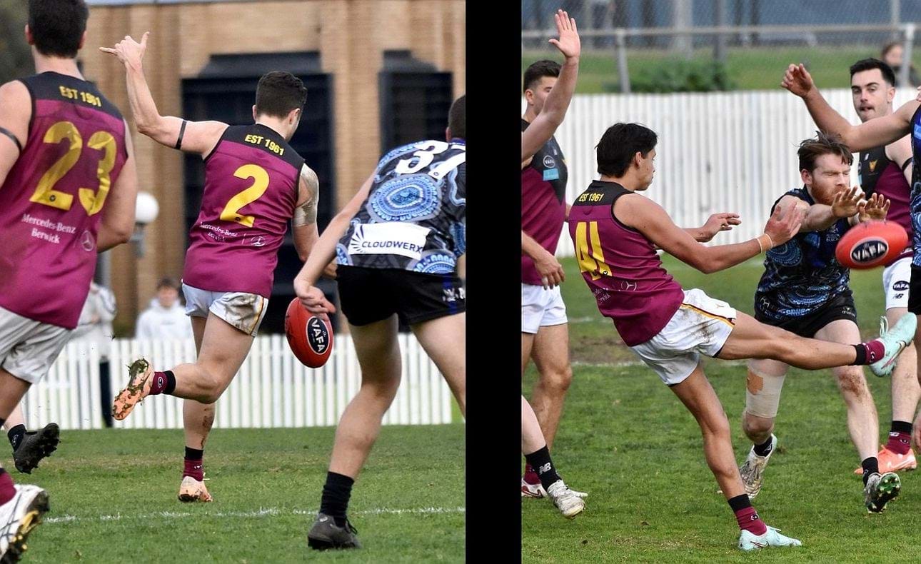 James Paul (2) quickly recovered his touch and poise in his first Senior game for over a year, looking right at home again; Cody Goonewardene (41) tries to kick before his Uni Blacks opponent can smother