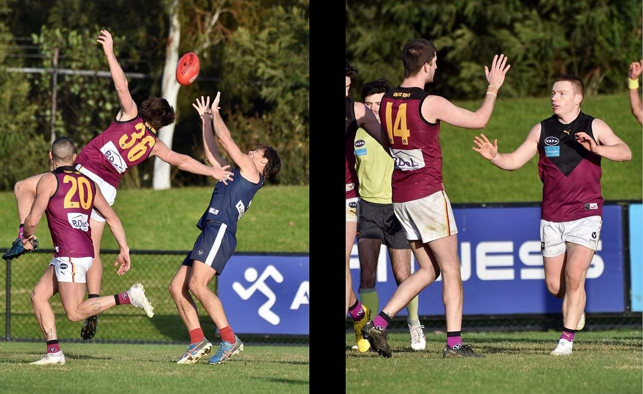 Harrison Jones (36) in the contest; Durras Seccull (14) and Dre Stefanakis celebrate another goal