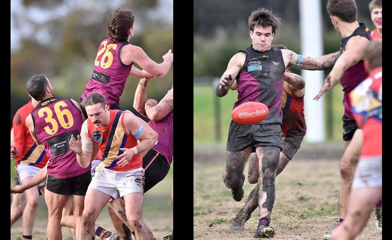 Another big leap from Harrison Jones (26) in front of James Magner (36); a muddied Josh Gasparini clears from the middle
