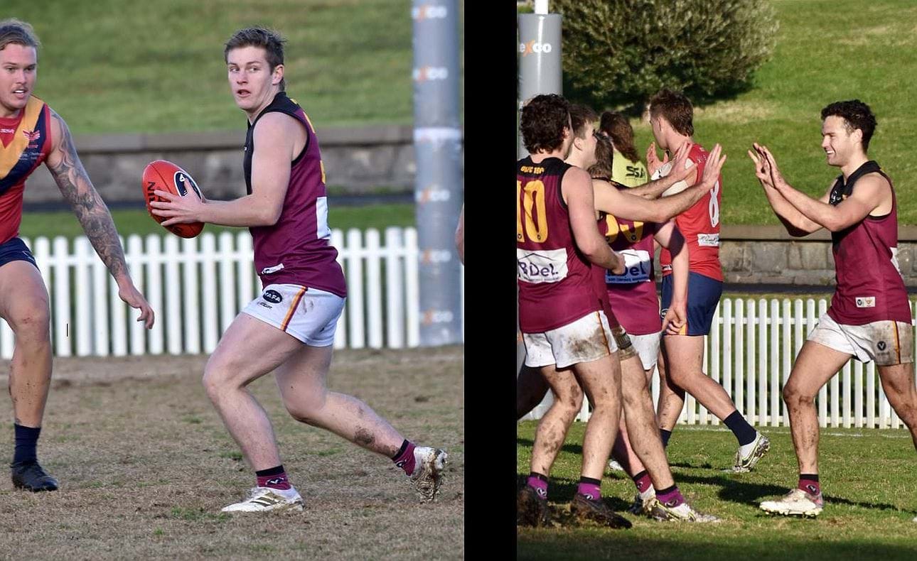 A wary looking Liam Kirkwood-Scott, but Sam Loewe is all smiles as he celebrates a clutch goal late in the third quarter