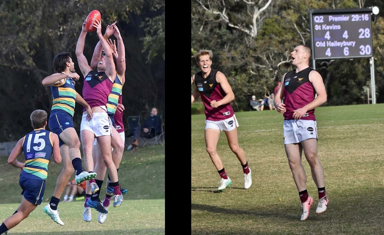 Lachie Vaughan stretches to mark, and Dre Stefanakis celebrates his goal to extend the Bloods' lead just before half time, to the delight of team mate Charlie Harrop