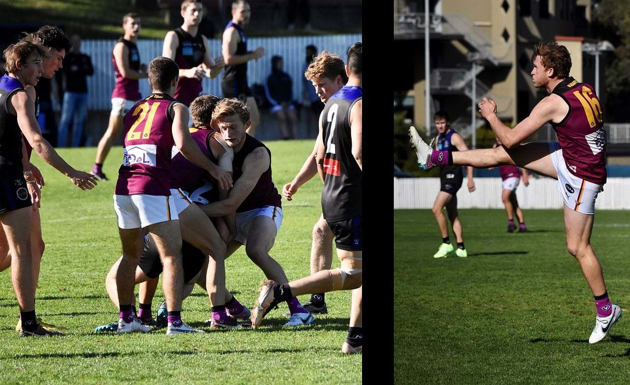 Round 3 v University Blacks at their Parkville Oval - Rayner Seccull lays a tackle in front of team mate Charlie Sinclair (21) then kicks out of defence