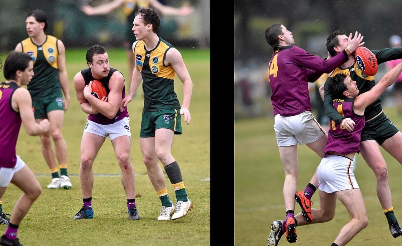 Max Sievers clutches the ball to his chest, Durras Seccull (14) and Lachie Vaughan (11) at the back of the pack
