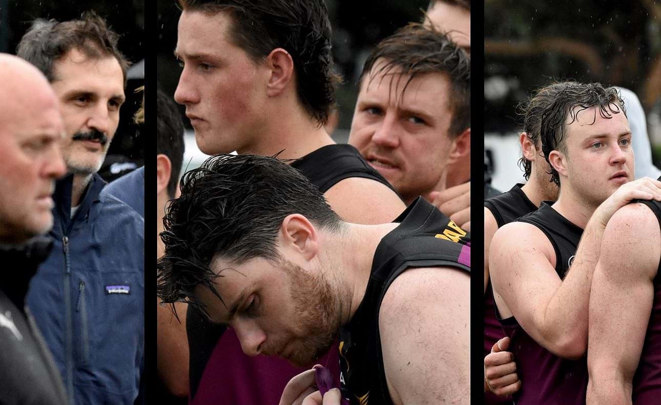 Faces in the crowd at the final change: former A Grade Best and Fairest Andrew Jenke, the weary trio of Nick Gooda, recruit Harrison Jones and the returned Corey Rich, and Max Sievers