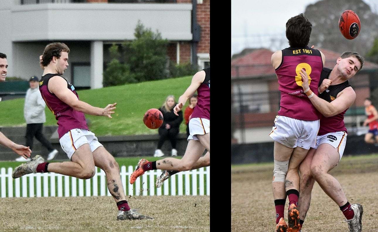 Joel Chilcott prepares to unload but team mates Noah Higgins (8) and Liam Wood in a tangle