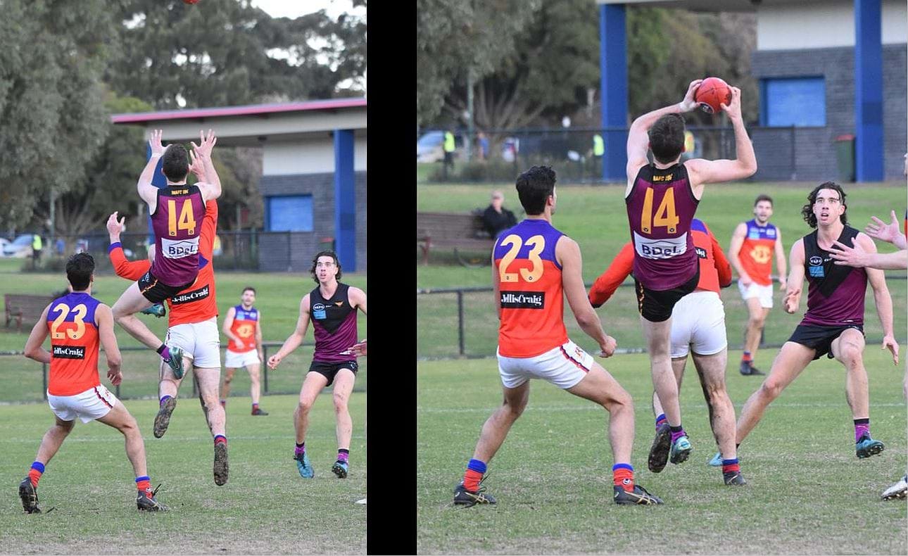 Durras Seccull (14) takes a ride and a fine mark, watched by team mate Nathan Dowsett