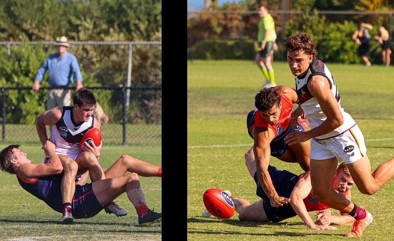Josh Gaspatini in the clutches of Brighton giant Felix Flockart; Ned Conway leads two Brighton opponents to the ball