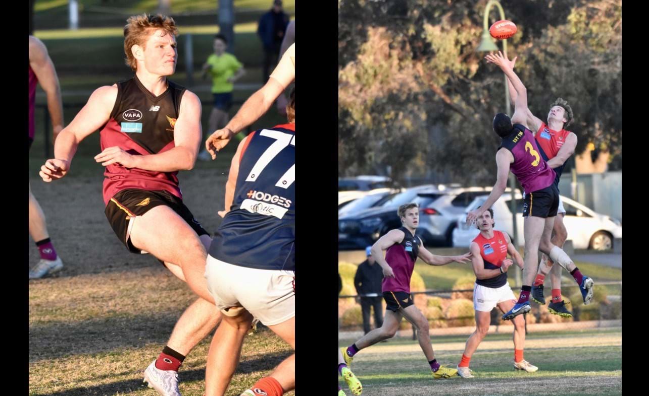 Mitchell Kirkwood-Scott late in the game; Jack Bell takes on the Brighton giant Felix Flockart