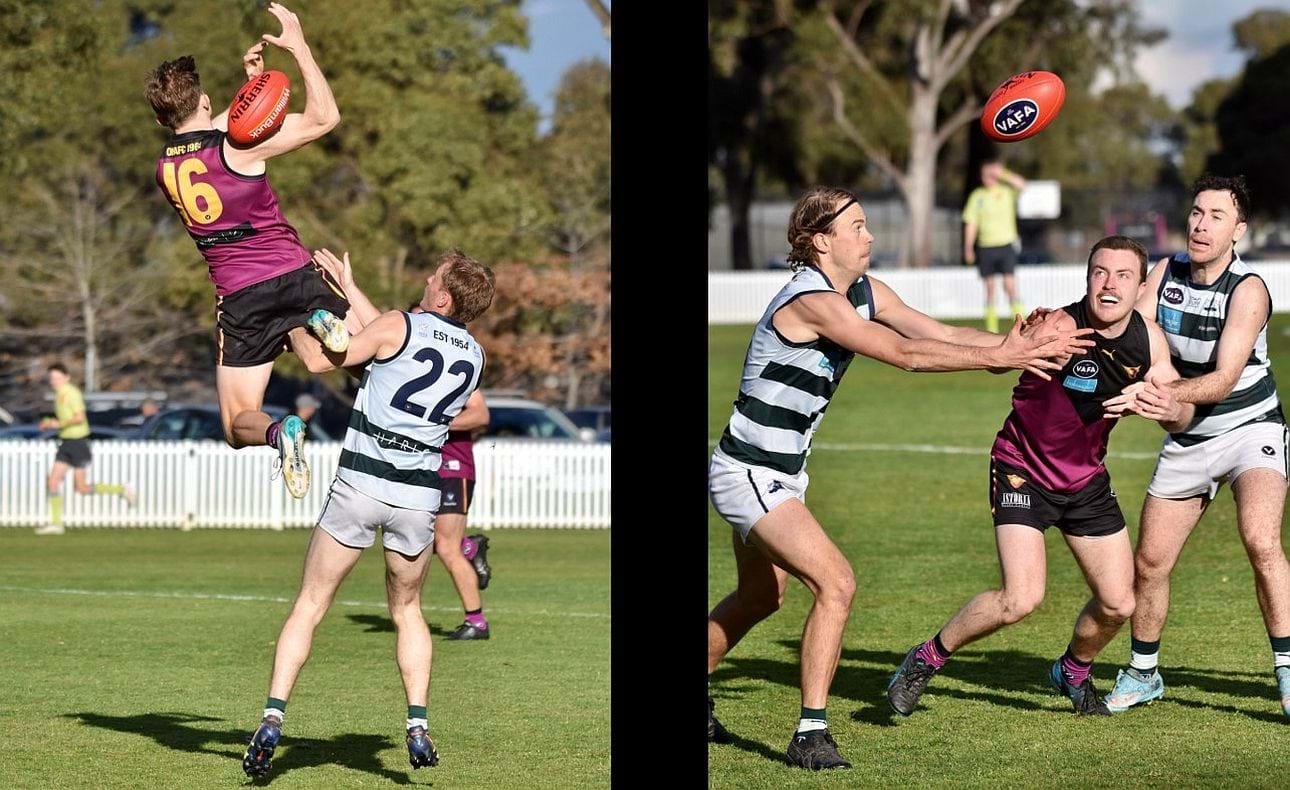 Rayner Seccull (16) doing a Harrison Jones as mustachioed Max Sievers battles two Old Geelong opponents