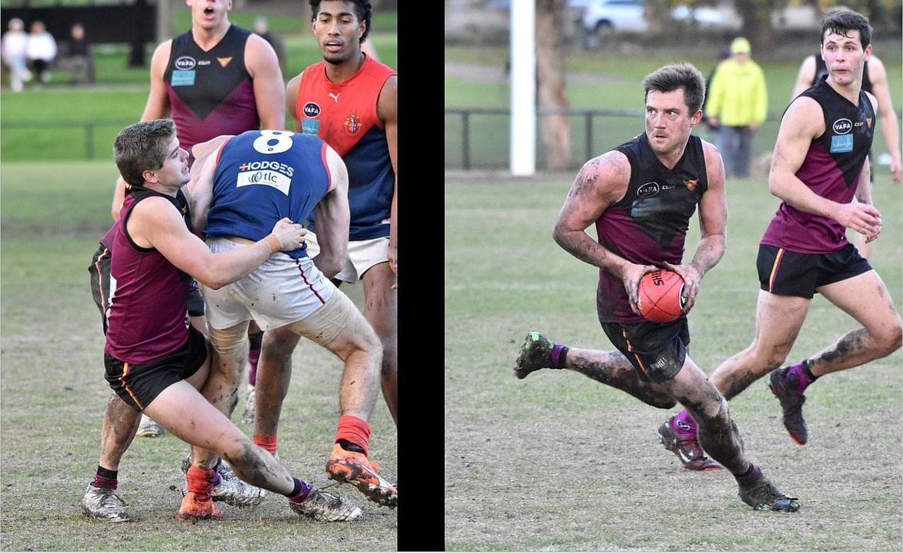 Liam Wood lays a tackle, Corey Rich on the turn ahead of Max Sinclair