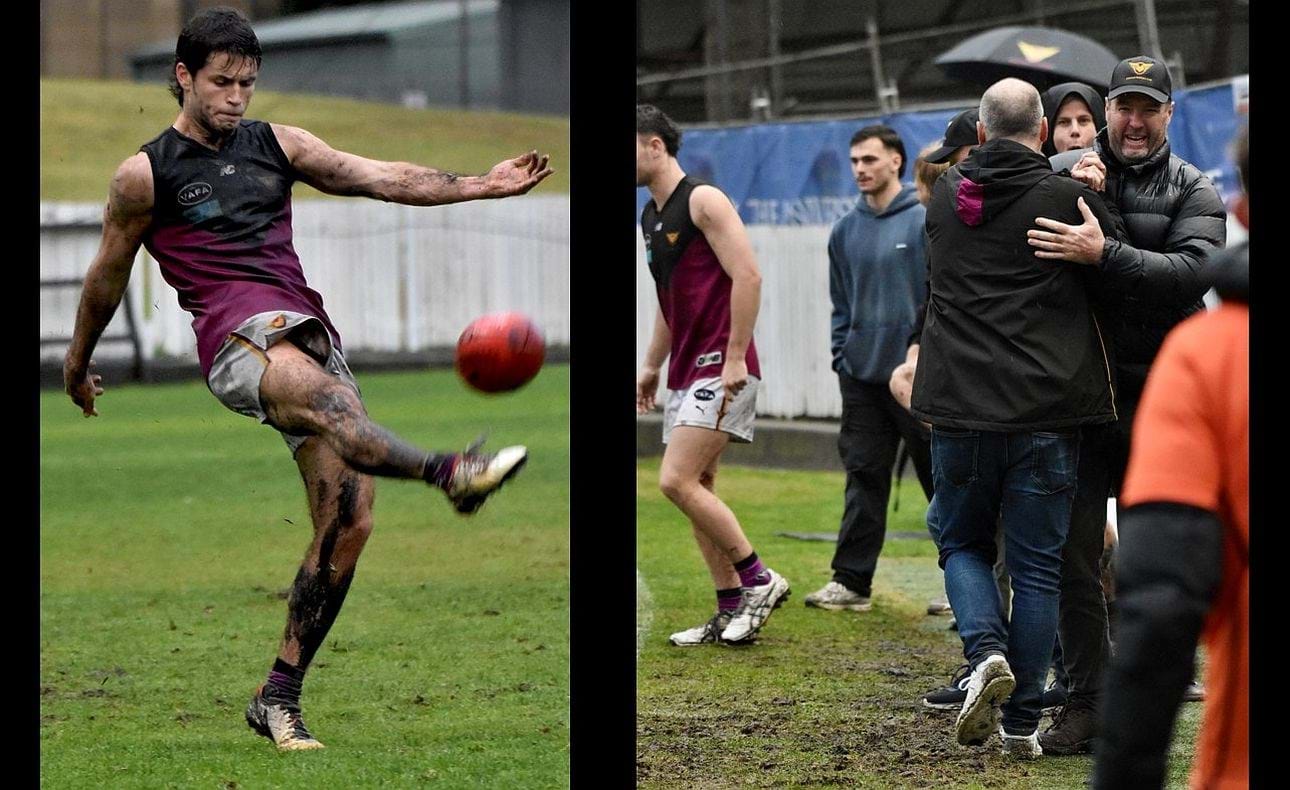 A muddied Charlie Sinclair but happy coach's bench at the end of the game after another narrow victory on the University Oval