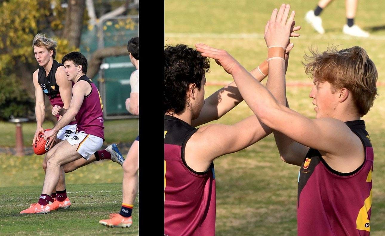 Charlie Harrop and Josh Gasparini both seem to have control of the ball; debutant Flynn Gregor celebrates his first senior goal with Josh Docking