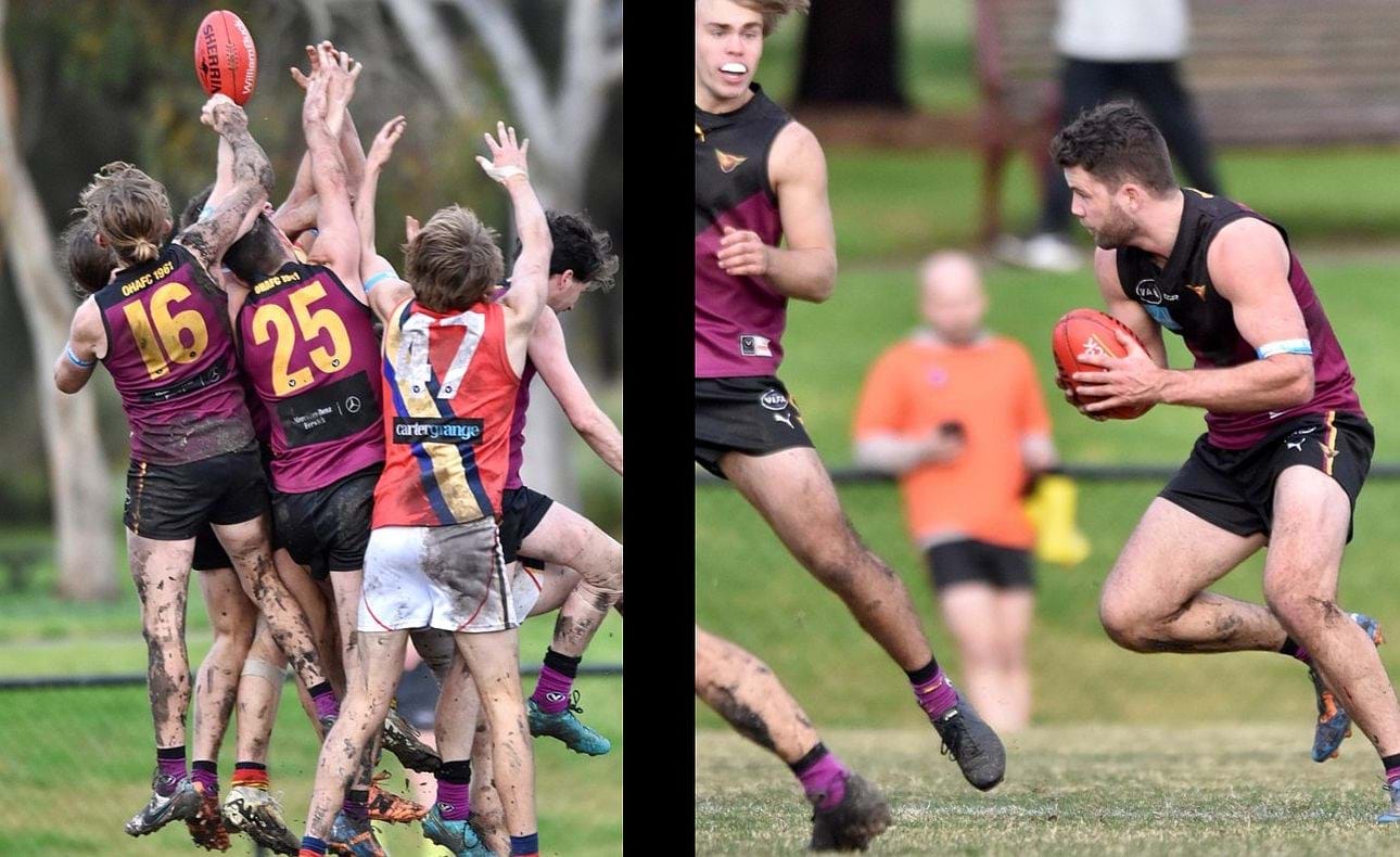 Rayner Seccull (16) and Josh Vaughan (25) combine to spoil; Vaughan considering his options