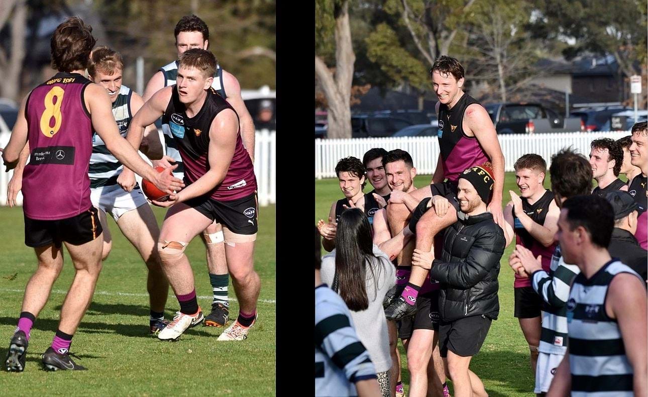 Liam Kirkwood-Scott clears out to Noah Higgins (8), Peter Gleadhill deservedly chaired off after a great day