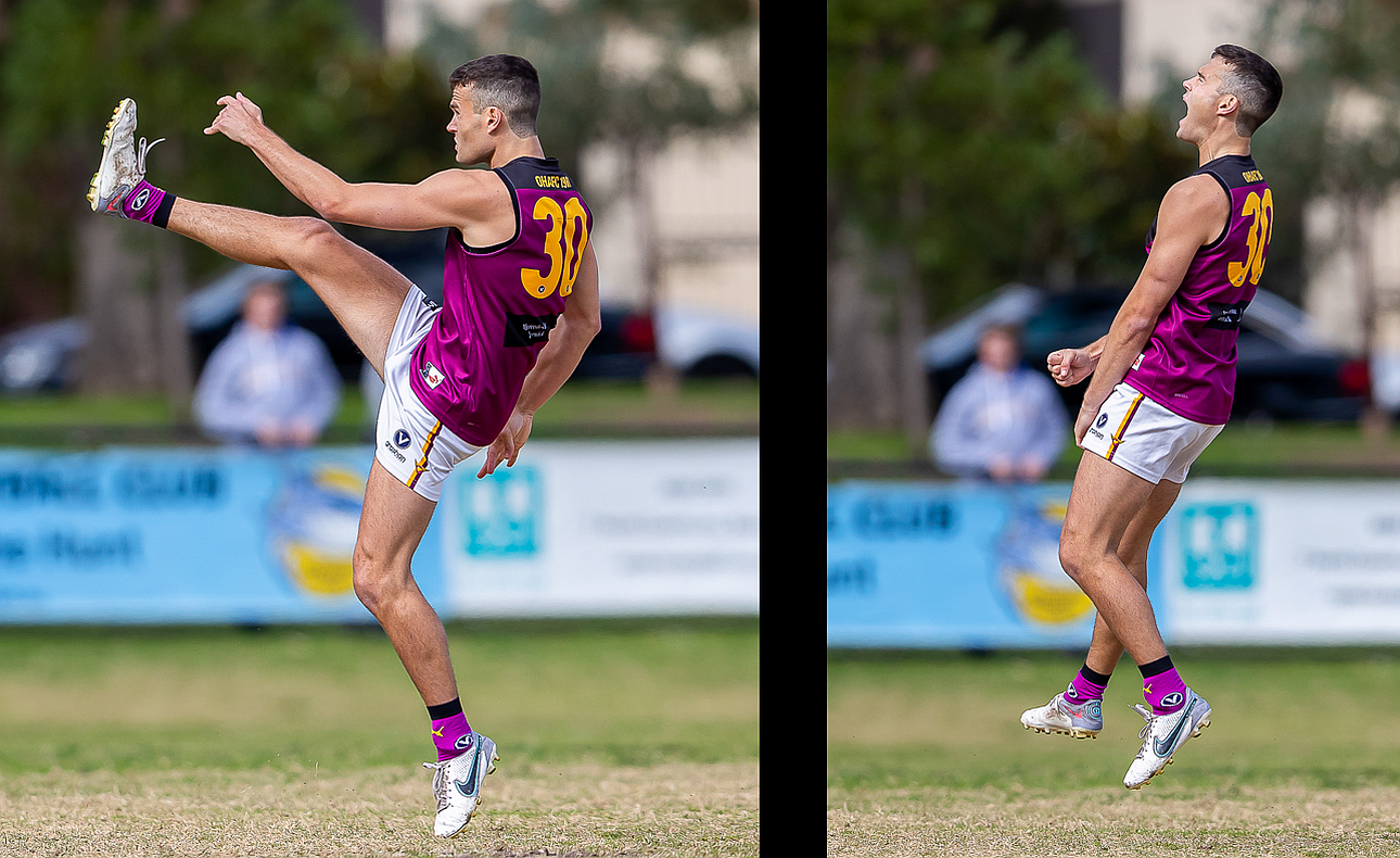 Sam Loewe kicks and celebrates a goal