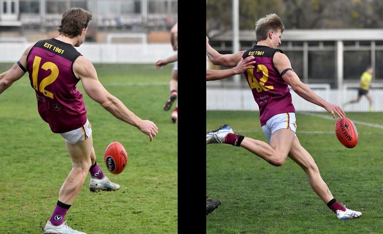 Defender Hugo Lynch (12) kicks on the left and forward Charlie Harrop (42) on the right