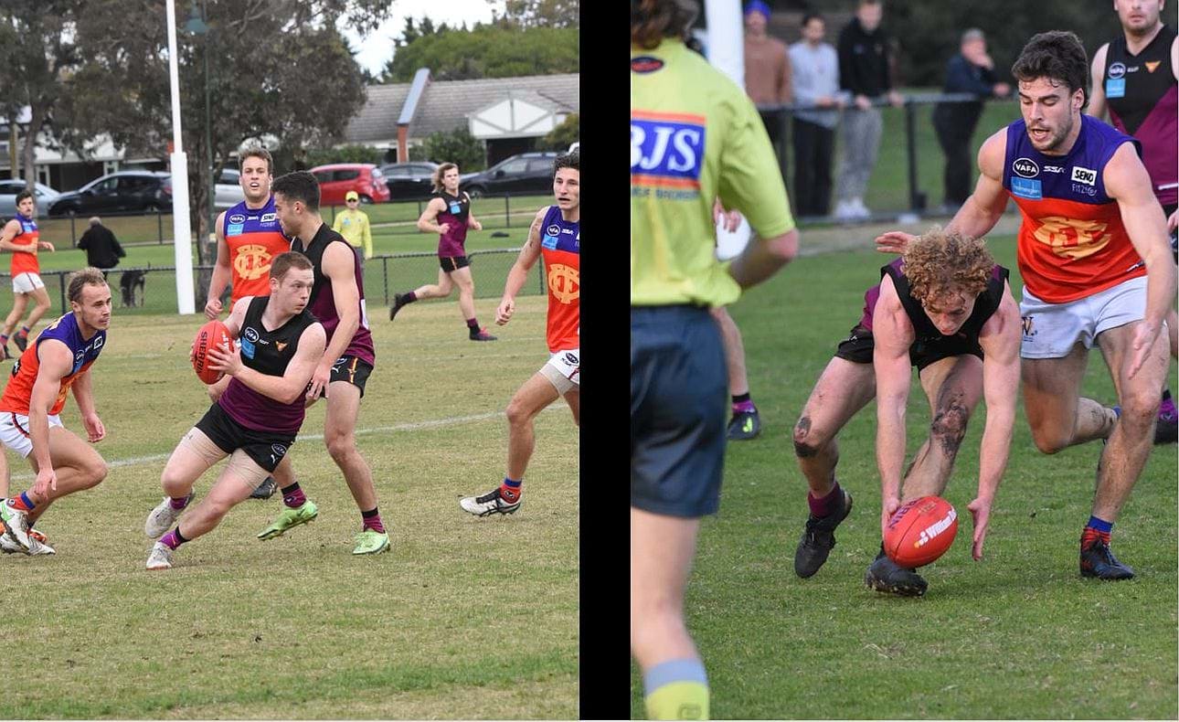 Forward Dre Stefanakis twists and turns while debutant Jesse Laity puts his head over the ball