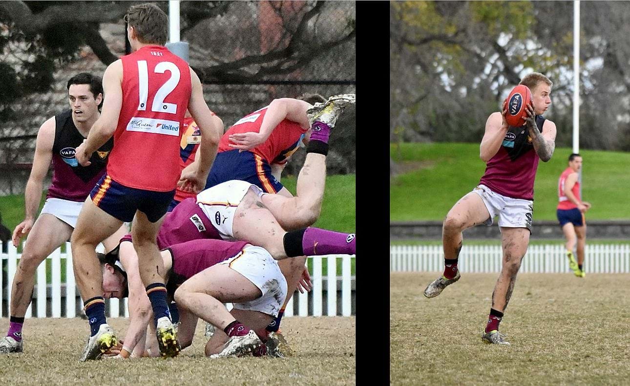 Brodie Findlay tumbling in the middle of the pack with Kye Turner watching on; Lachlan Giliam with a steadying mark