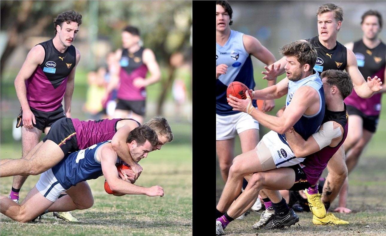 Mattias Rose lays a tackle in front of Tom McPhee then watches Brodie Steele do the same