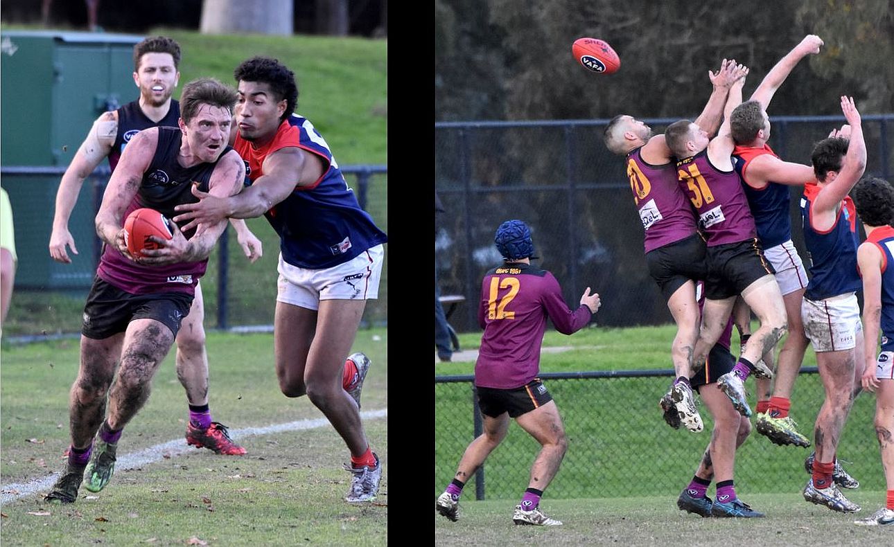 Corey Rich evades his Old Brighton opponent while James Magner (20) and Dre Stefanakis (31) fly for the ball late in the game, supported by Corey Connelly (12)