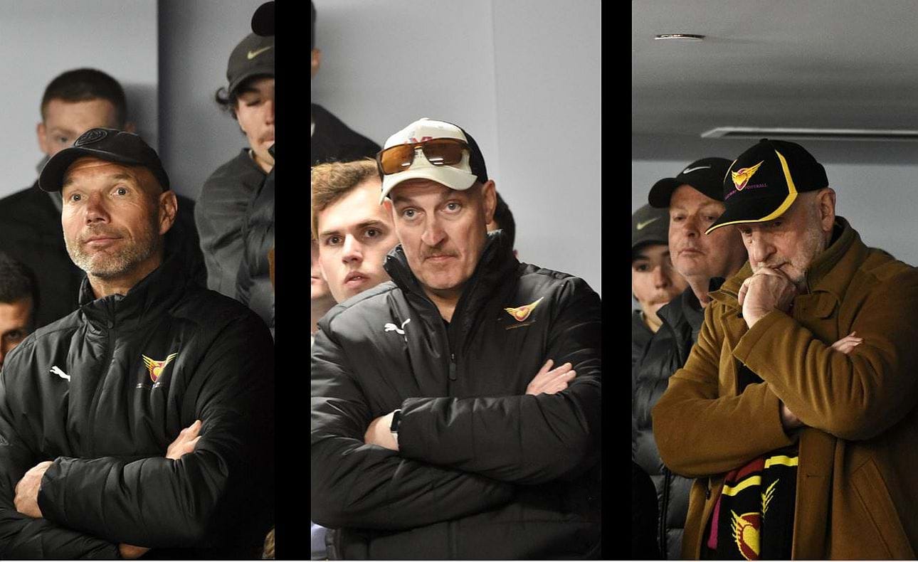 ... as well as pensive officials and supporters Stewart Loewe, Anthony Gown and Peter Jenke in the rooms after the game